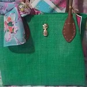 Lilly pulitzer straw purse with scarf.