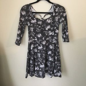 Grey and White Floral Print A-Line Dress