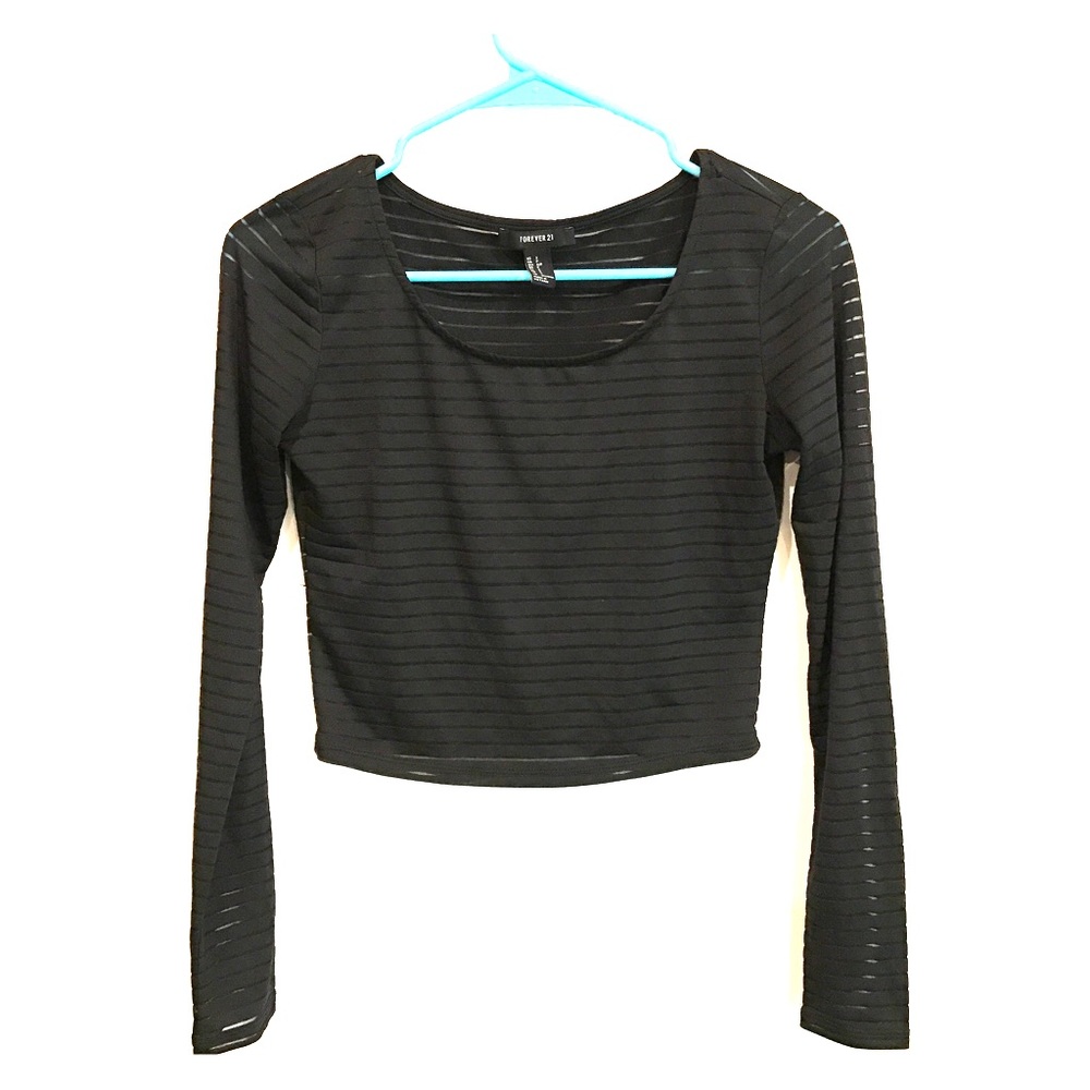 Black Striped/Sheer, long sleeve Crop Top