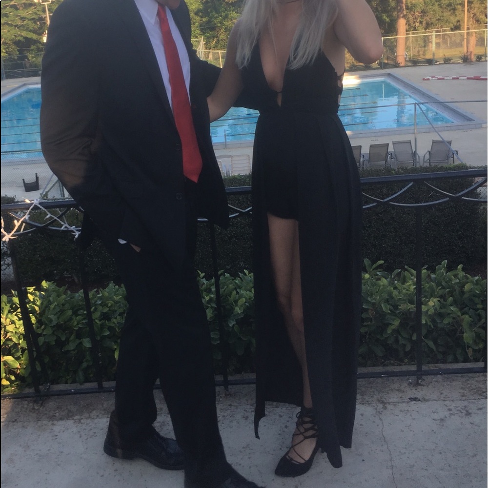 Long black dress with built in romper & open back