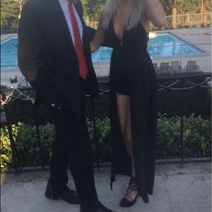 Long black dress with built in romper & open back