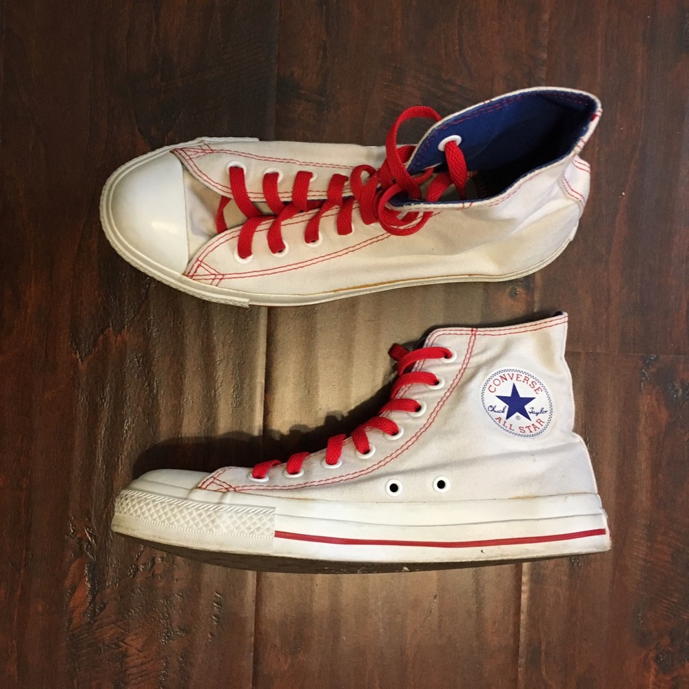 White Converse High Tops W/ Red & Blue Detail 7 9