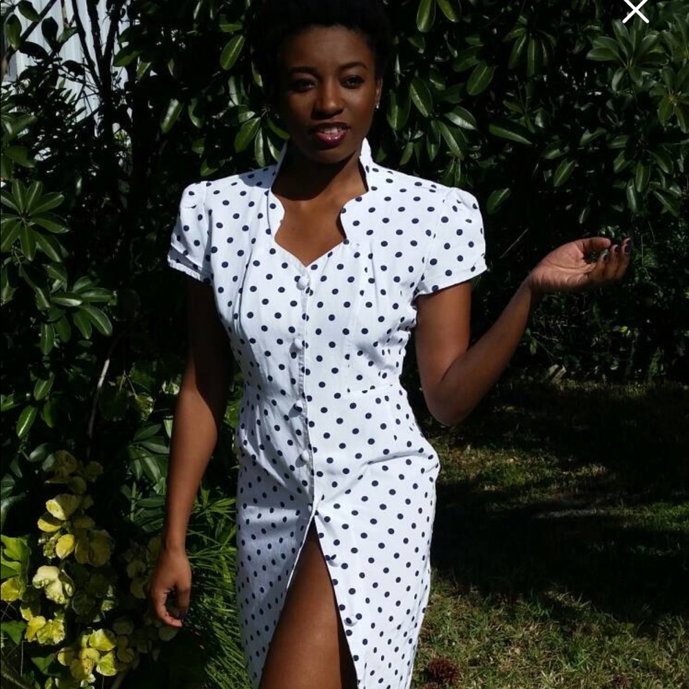 Vintage 50's style white dress navy polka dots
