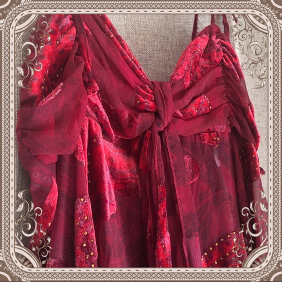 Red Embellished Semi Sheer Paisley Print Tunic - Picture 2 of 4