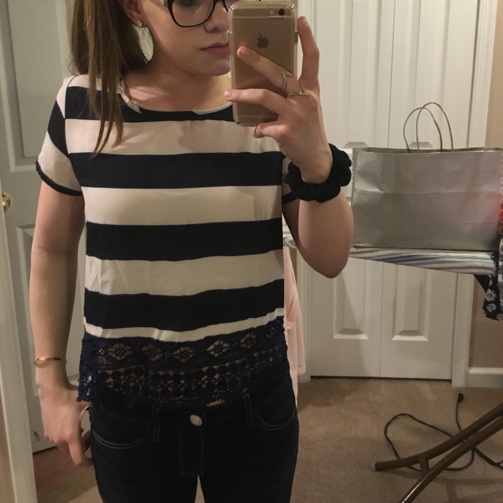 Navy blue and white top with lace detailing