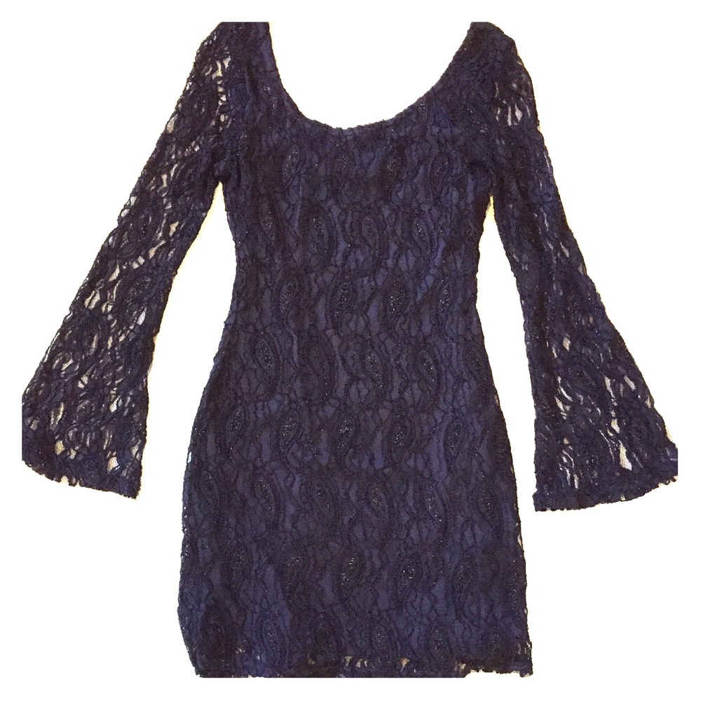Navy Blue, long sleeve, lace short dress