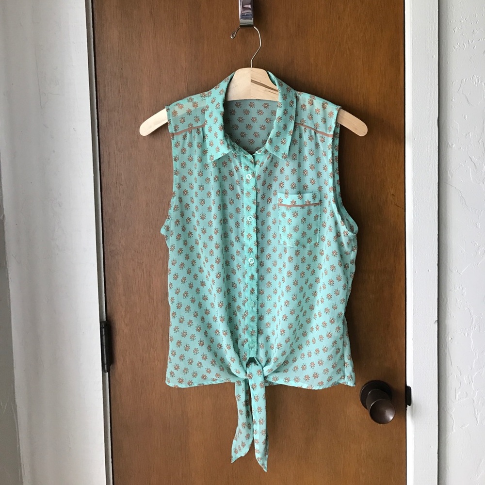 Mint Flower Button Up & Tie Blouse