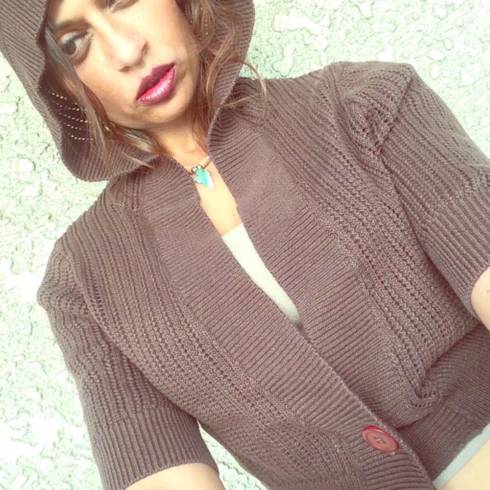 NWT HALOGEN Chocolate Cropped Cardigan with Hood