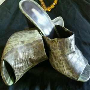 Max Studio Snake Skin Sandal on Wood Stacked Heel