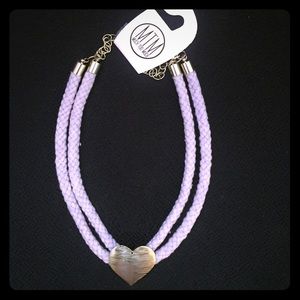 Lavender beaded  brass heart necklace .