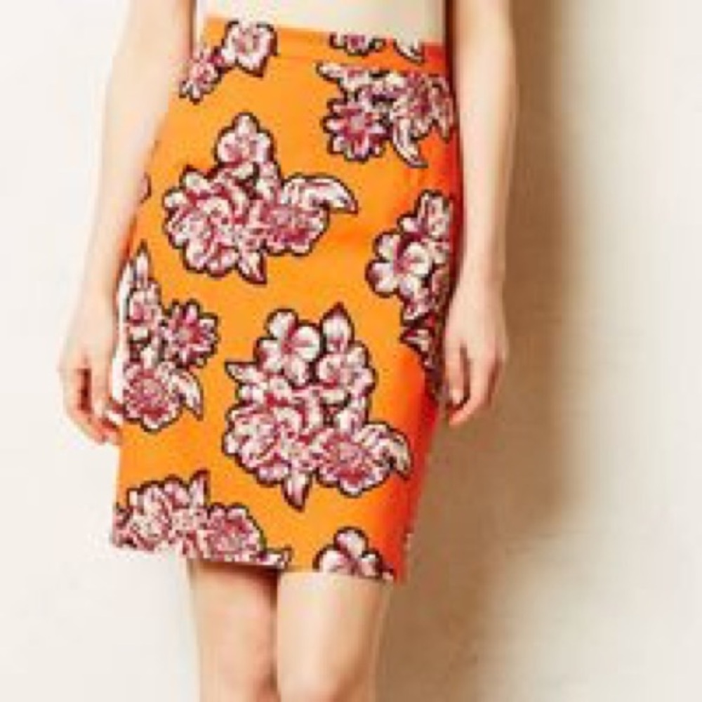 Anthropologie Orange Floral Pencil Skirt by Maeve