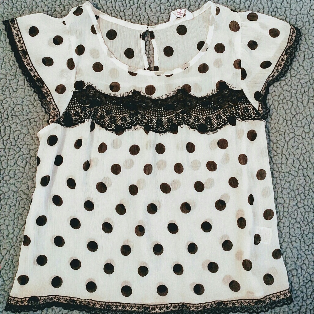 Girl's Candie's Sheer Polka Dot & Lace Top