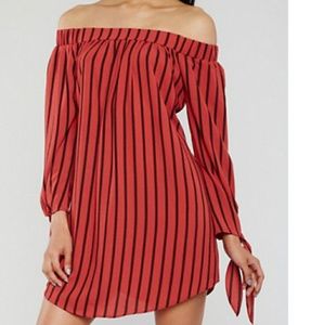Off shoulder shift dress tie sleeves burgundy