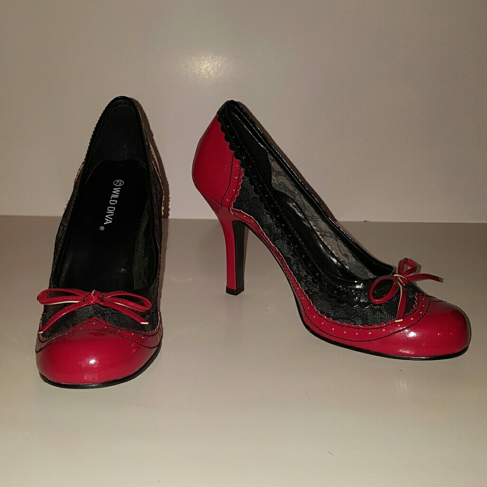 Red patent pumps with lace from Wild Diva
