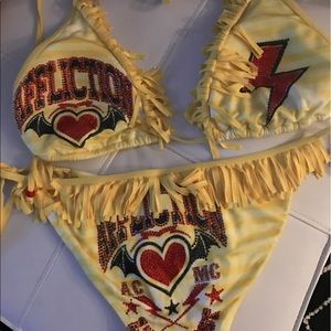 Affliction swimsuit with rhinestones and fringes