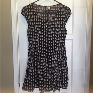 Cat print navy button down dress