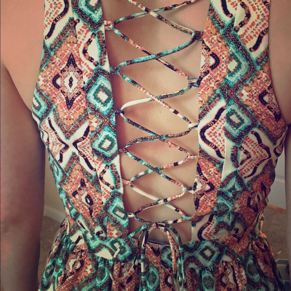 Printed lace up back Lavender Brown dress