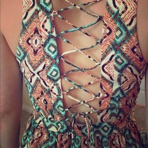 Printed lace up back Lavender Brown dress