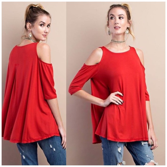B Chic Boutique Tops - Sunset Red Cold Shoulder Tunic Top