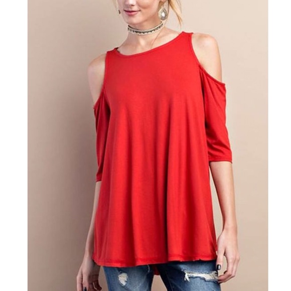 Sunset Red Cold Shoulder Tunic Top - Picture 2 of 3