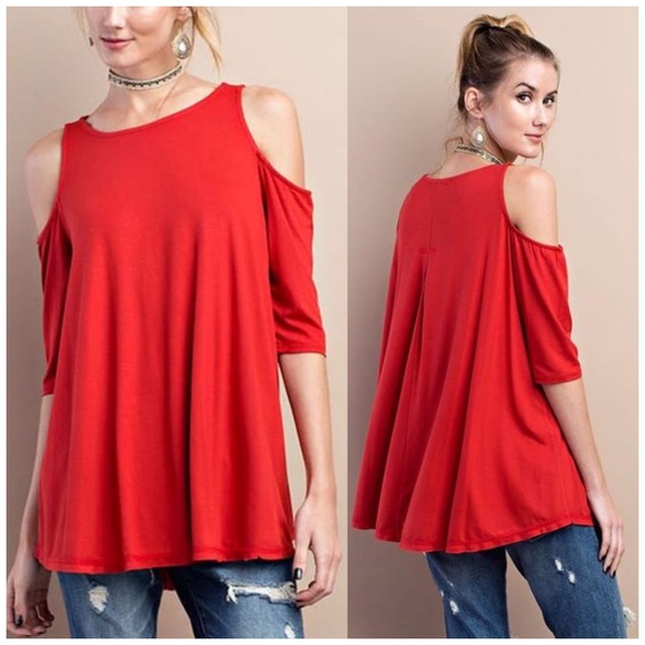 Sunset Red Cold Shoulder Tunic Top - Picture 3 of 3