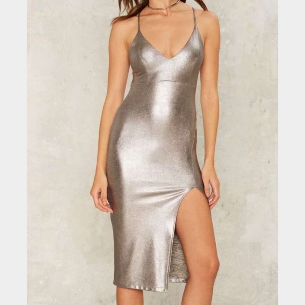 Nasty Gal Grey Sheen Queen Metallic Dress