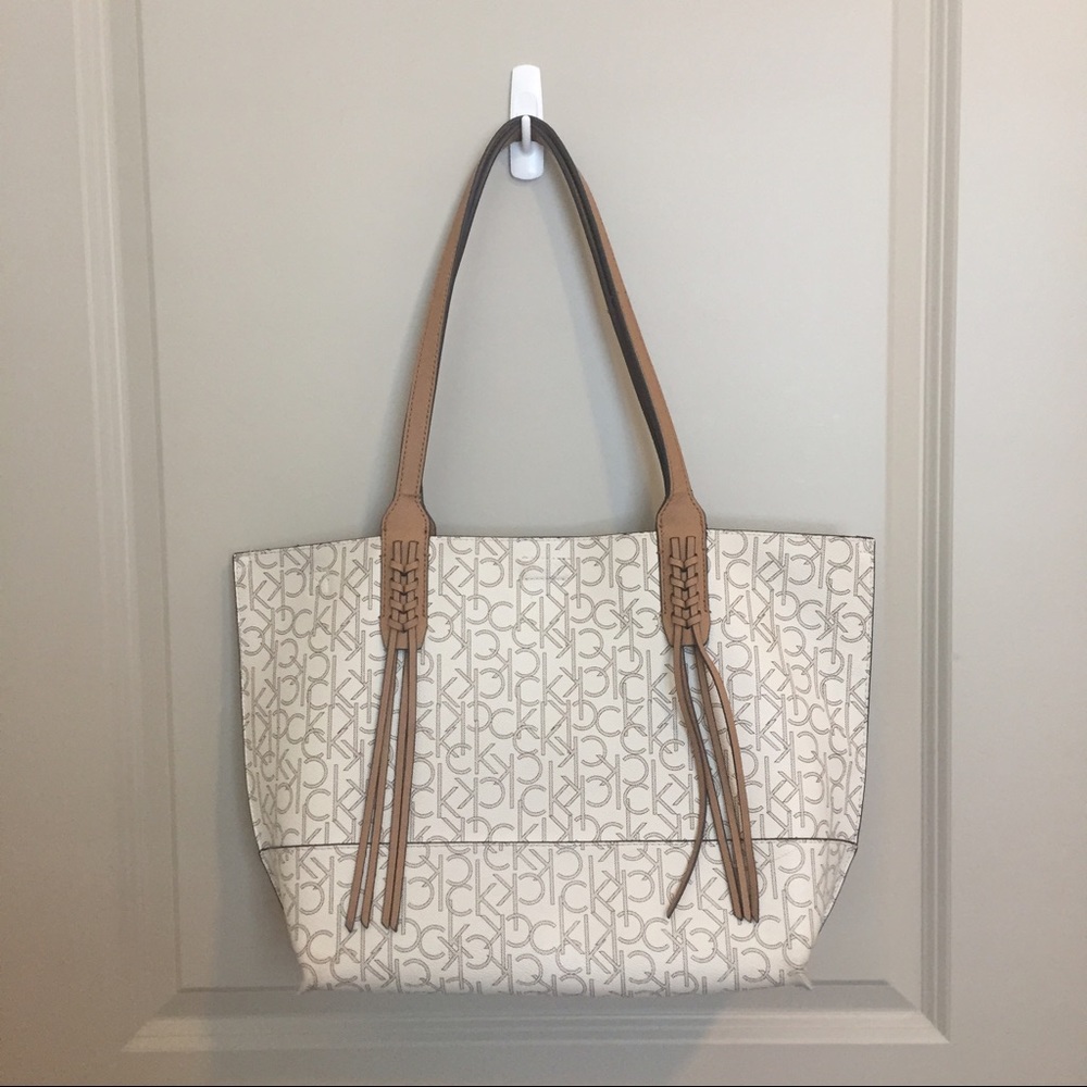 Calvin Klein white and tan leather tote