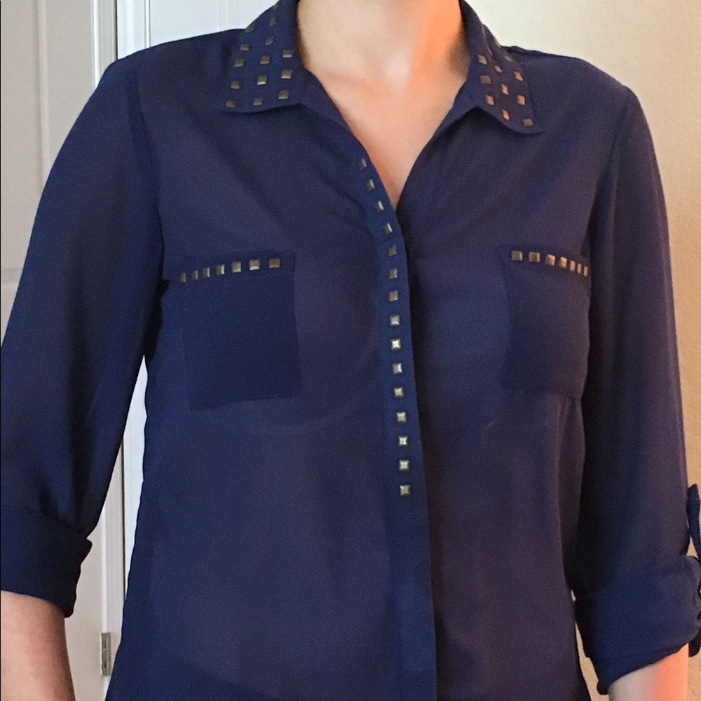 Navy sheer blouse with embellishment
