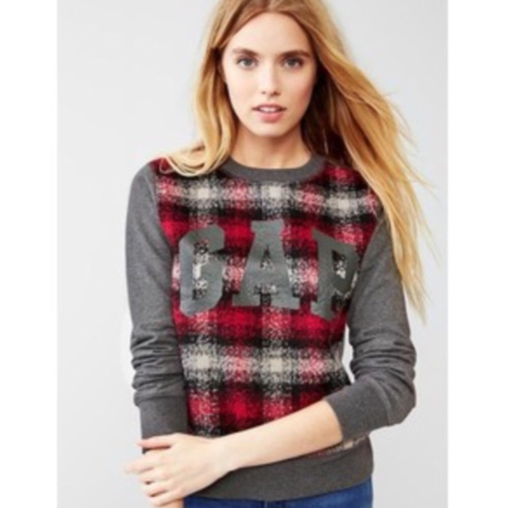 Gap plaid wool front crew neck sweatshirt