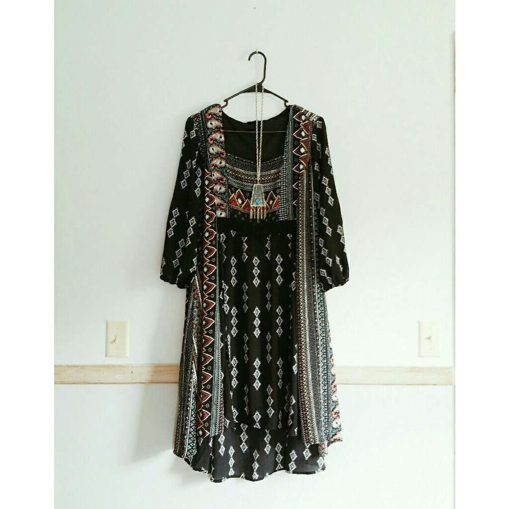 Black, Hi-Low Hem, Boho, Tribal Print Dress