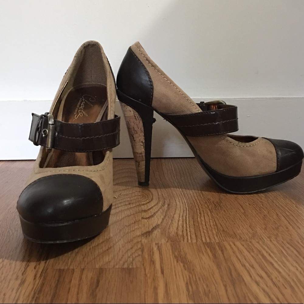 Two tone cork high heels