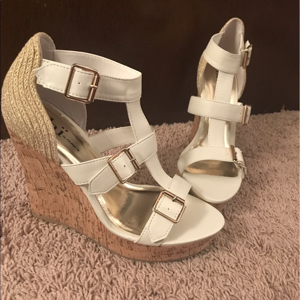 Nude and white strappy platform wedges