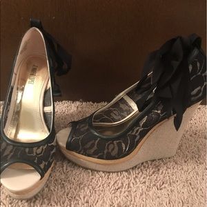 Black lace wedges with ankle ties