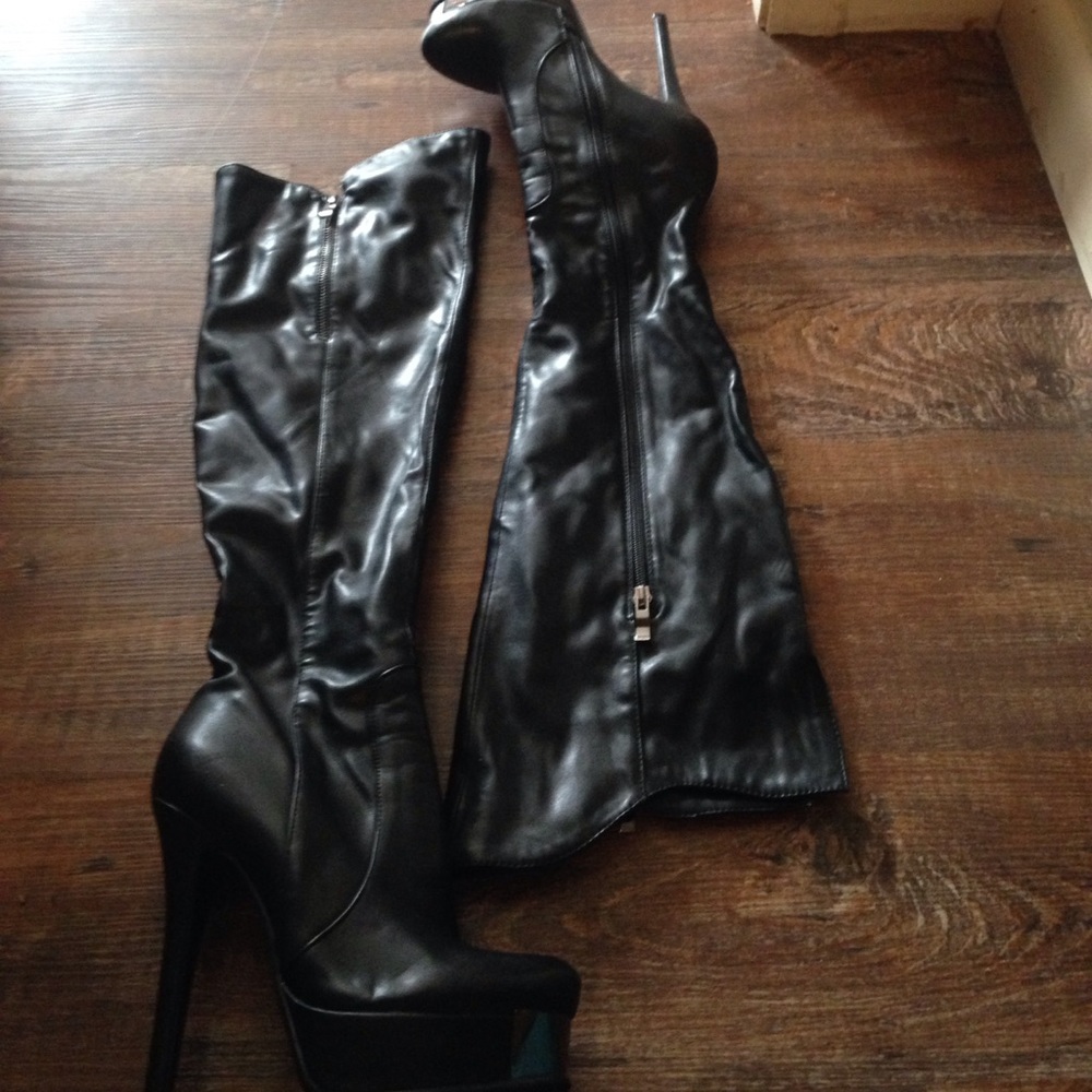 Black faux leather heeled boots