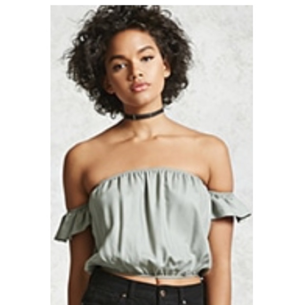 Olive Off-Shoulder Crop Top Blouse