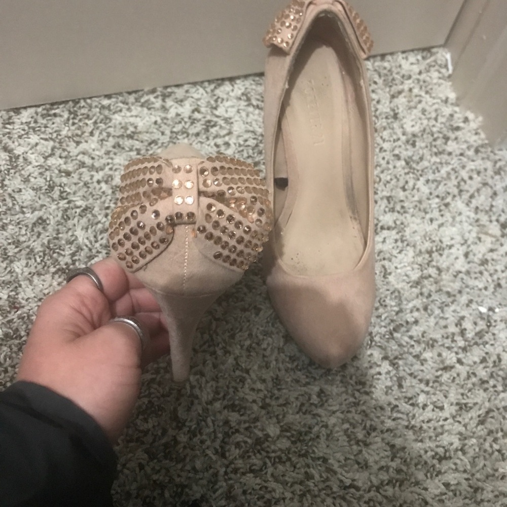 Faux suede baby pink heels with rhinestone bows