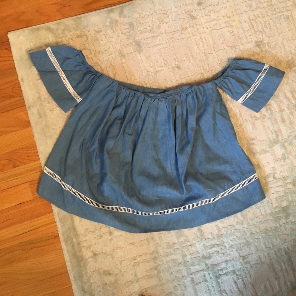 Chambray off the shoulder top with crochet detail