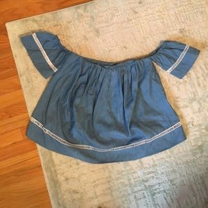 Chambray off the shoulder top with crochet detail
