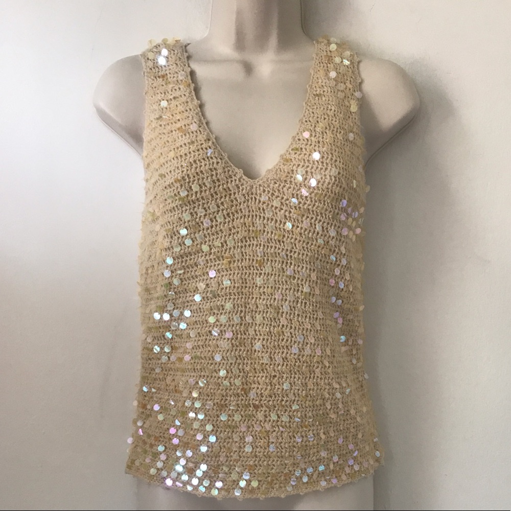 Beige Sequin Lambswool Tank by Vivienne Tam