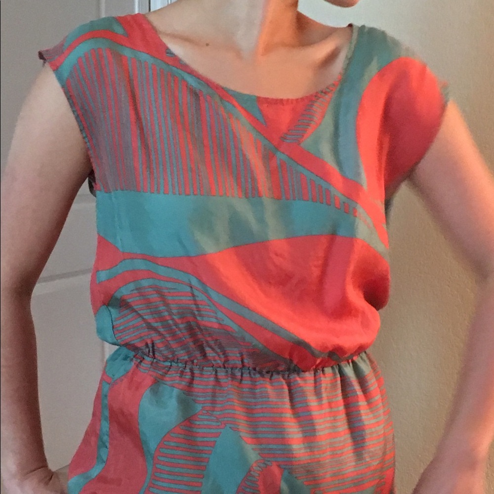 Franchescas Orange and teal silky blouse