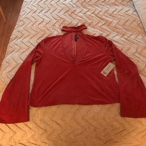 Red suede going out bell sleeve top with choker