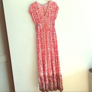 Red orange printed maxi dress with v neck