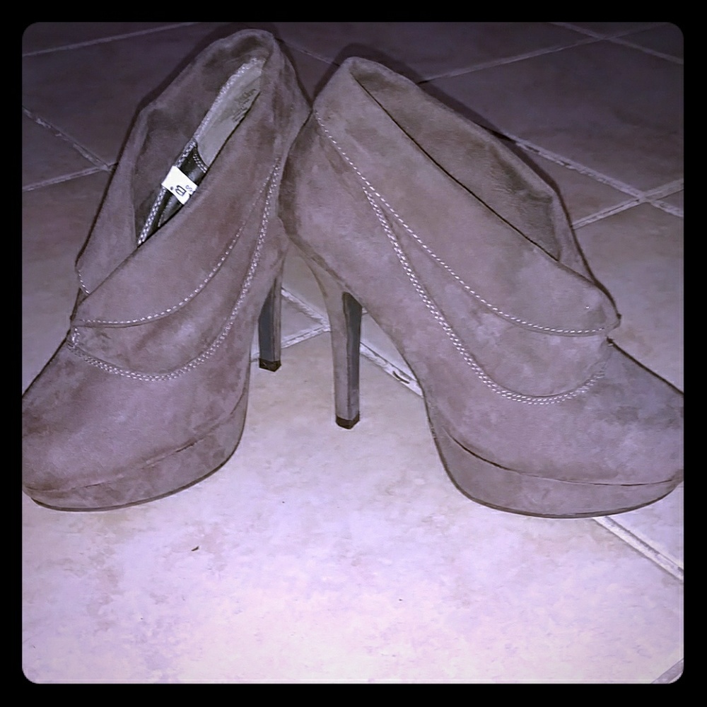 Tan suede platform booties with 4 inch heel