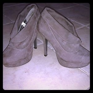 Tan suede platform booties with 4 inch heel