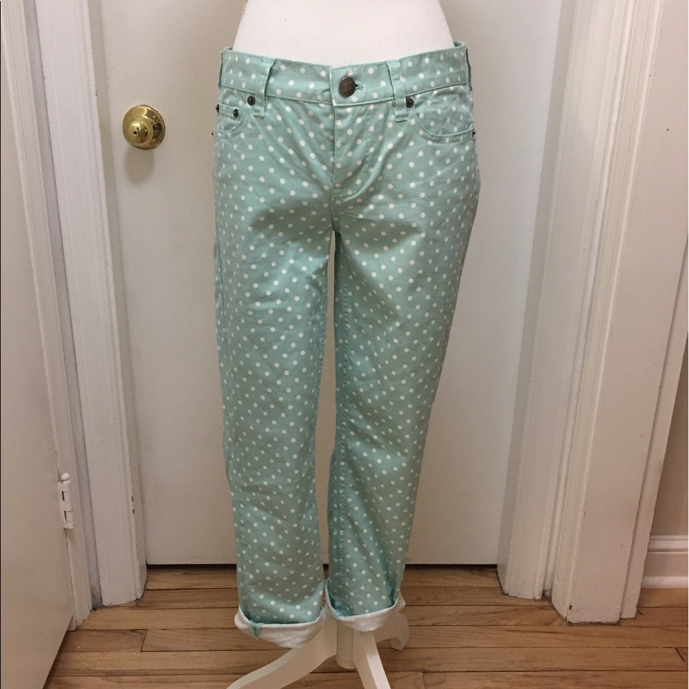 J crew cropped skinny jean mint green polkadot