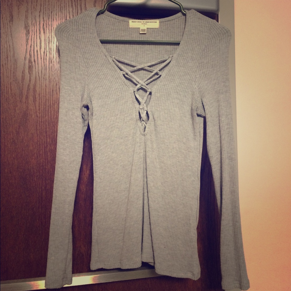 gray lace up ribbed long sleeve shirt