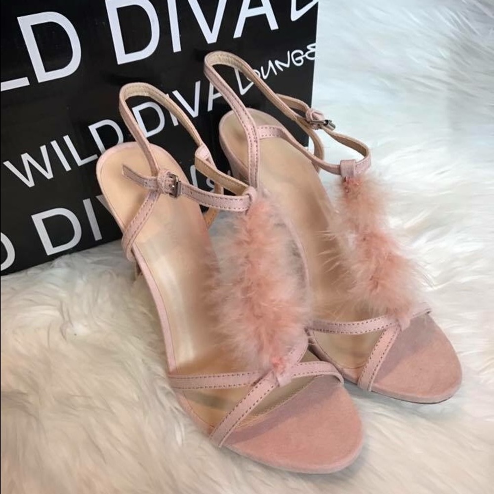Light pink feathered heels