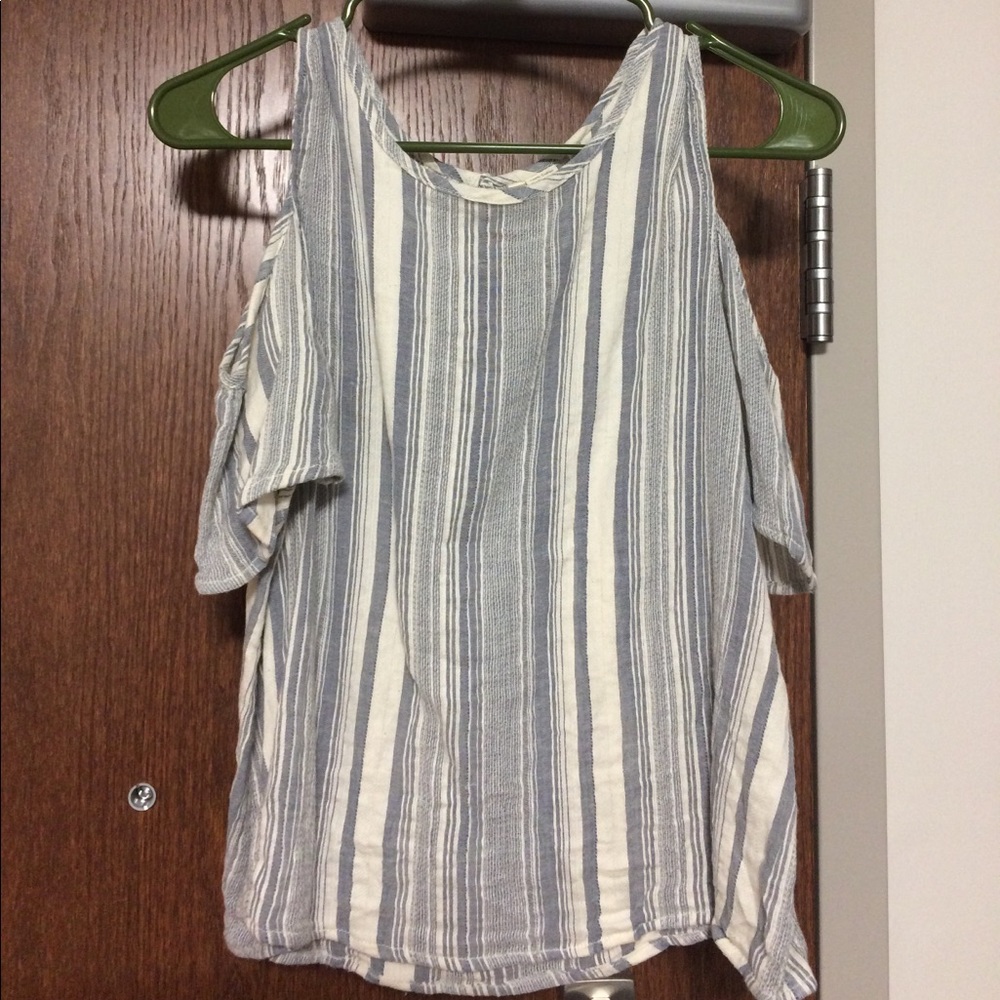 striped linen cold shoulder blouse