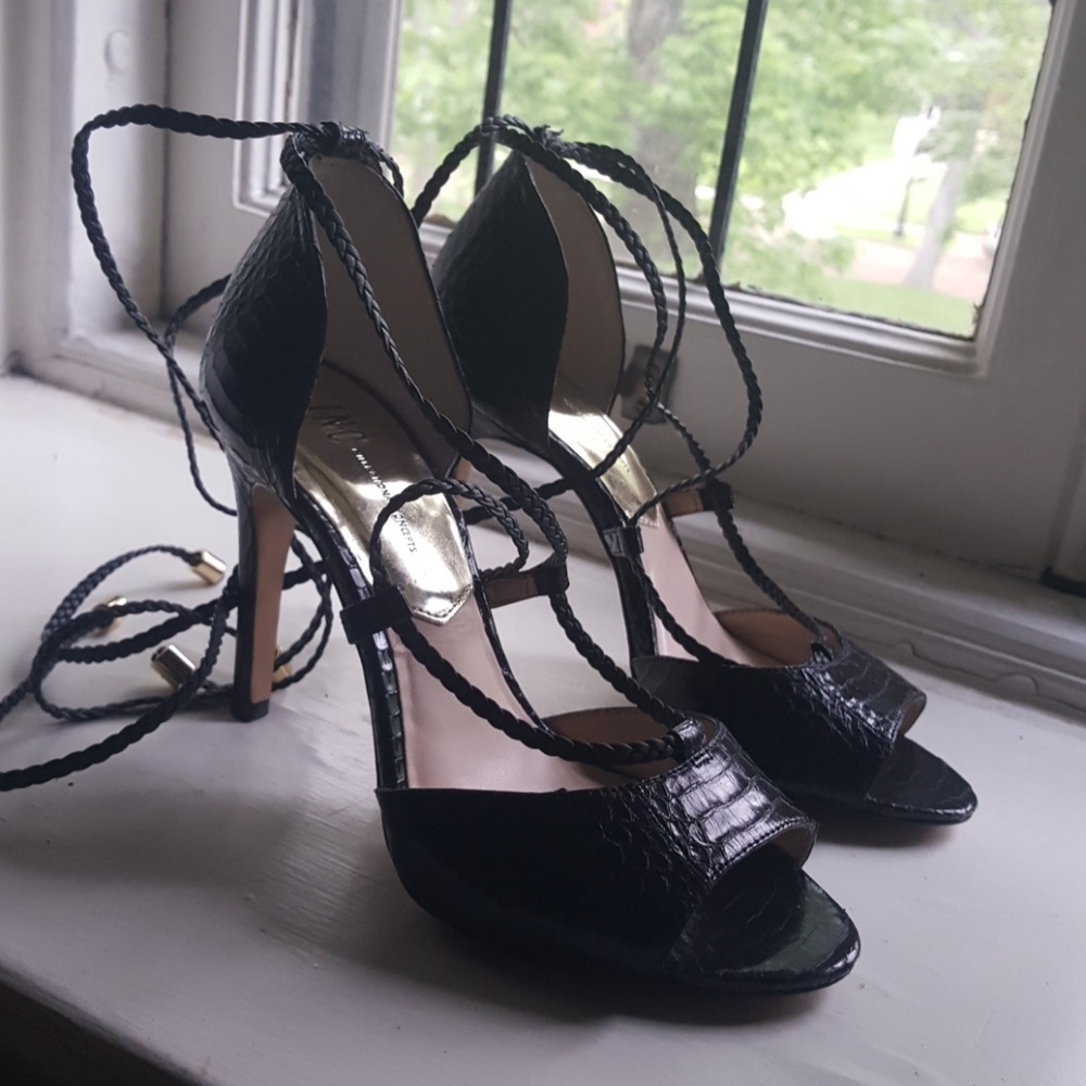 INC lace up heeled sandal. Black alligator