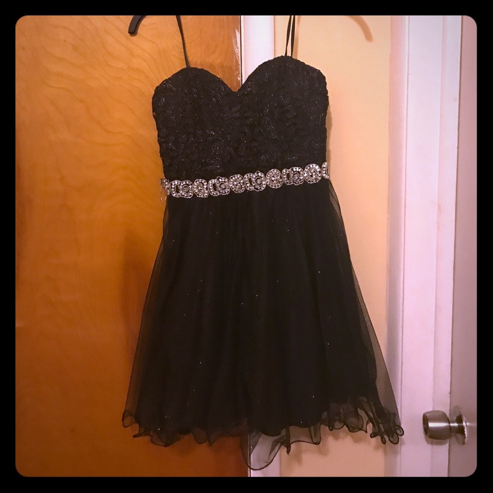 Black cocktail dress with rhinestones detailing